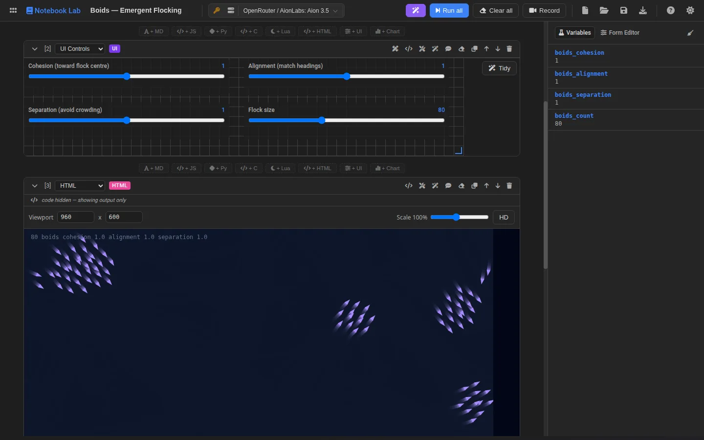Notebook Lab running the boids example: four sliders in a controls cell steer a flock drawn live in an HTML cell, with the shared variables listed beside it.