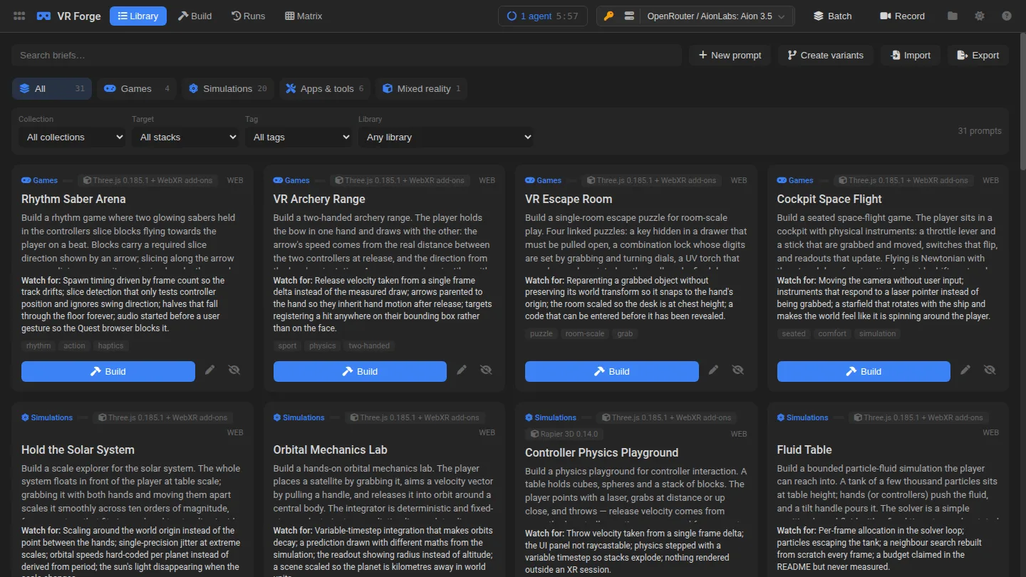 The VR Forge library: VR briefs such as Rhythm Saber Arena, VR Archery Range and Cockpit Space Flight, each with its pinned three.js version and a Watch for list.